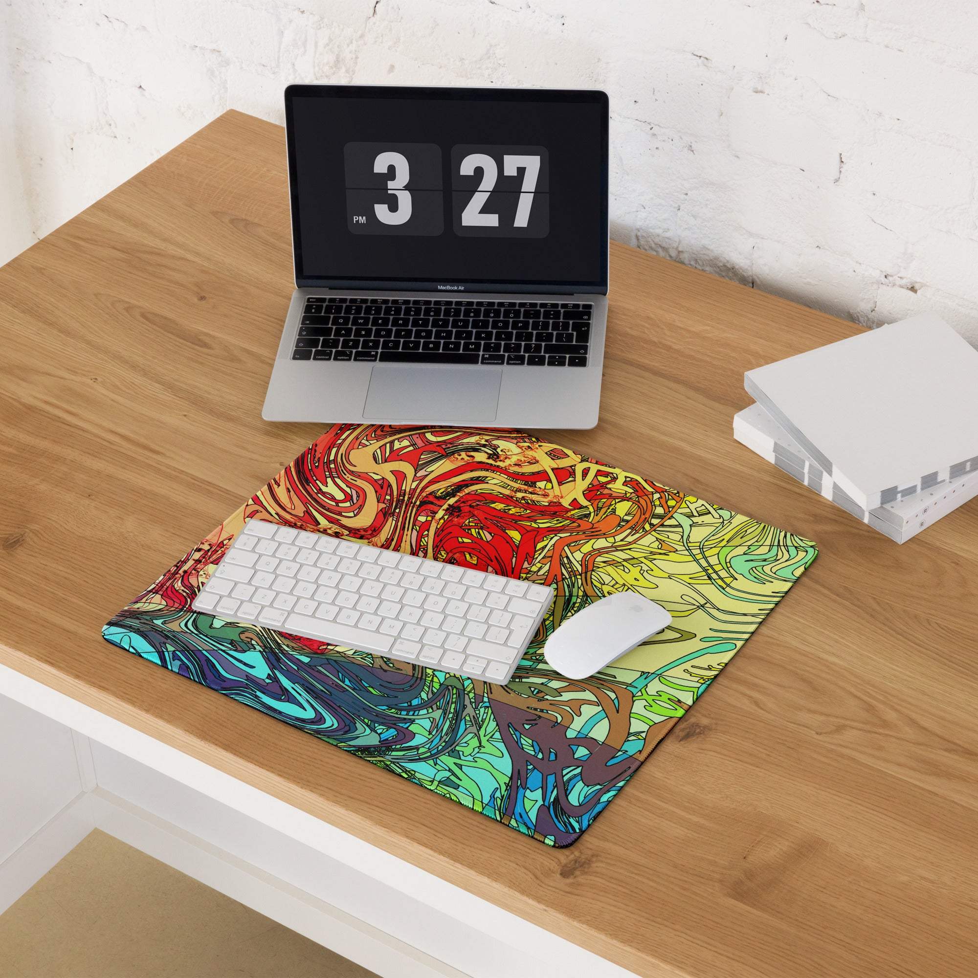 Vibrant abstract swirl gaming mouse pad with colorful red yellow green blue patterns
