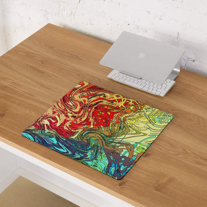 Vibrant abstract swirl gaming mouse pad in red, yellow, teal, blue