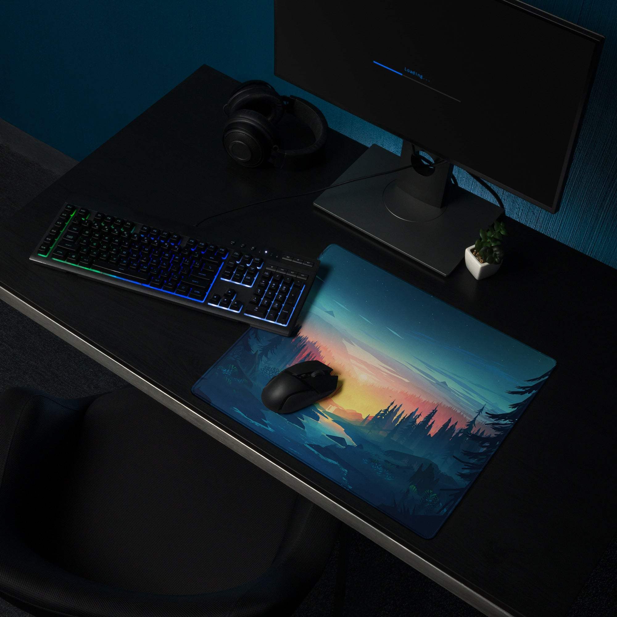 Forest Sunset Palette large gaming mouse pad with vibrant sunset mountains design