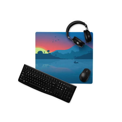 Large Calm Coastal Sunset blue landscape gaming mouse pad with mountains reflection