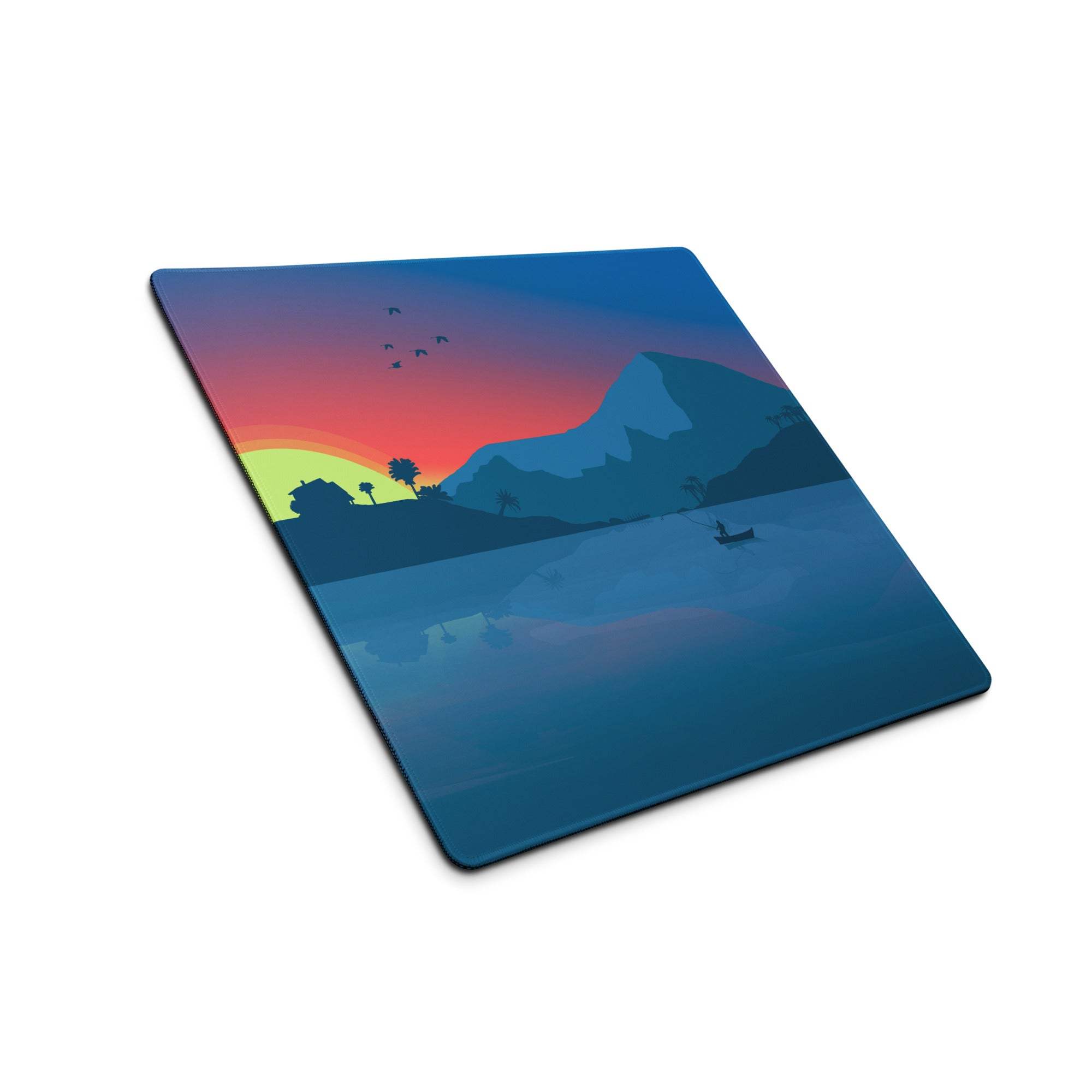 Large calm coastal sunset mouse pad with mountains, birds, boat, non-slip base
