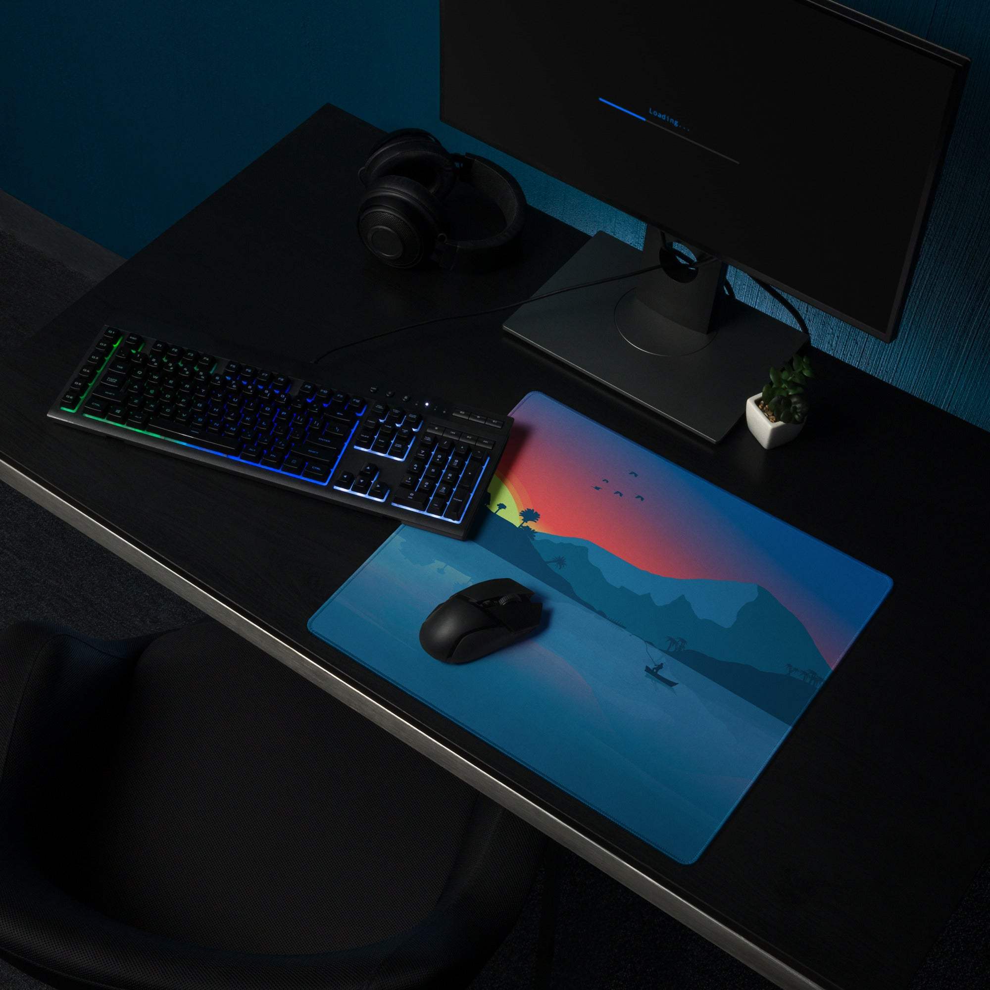 Calm Coastal Sunset gaming mouse pad with mountains, boat, birds, non-slip base