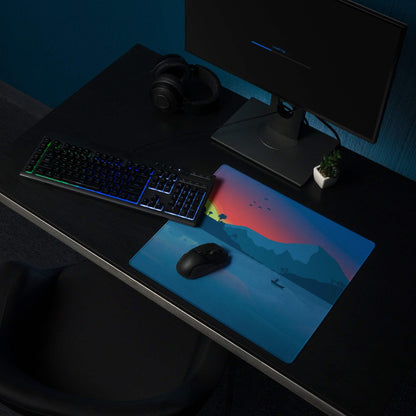 Calm Coastal Sunset gaming mouse pad with mountains, boat, birds, non-slip base