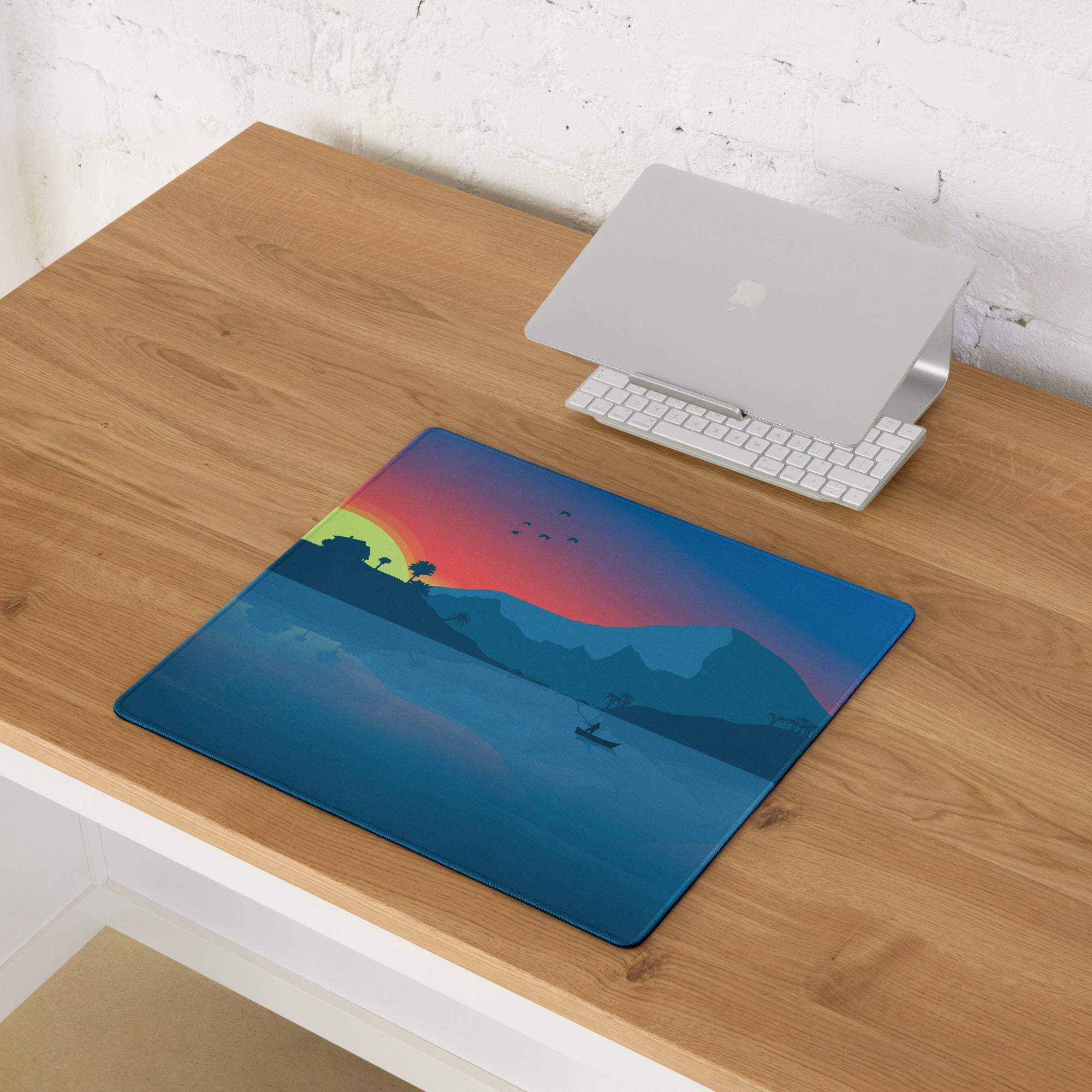 Large calm coastal sunset gaming mouse pad with pink orange blue gradient mountains