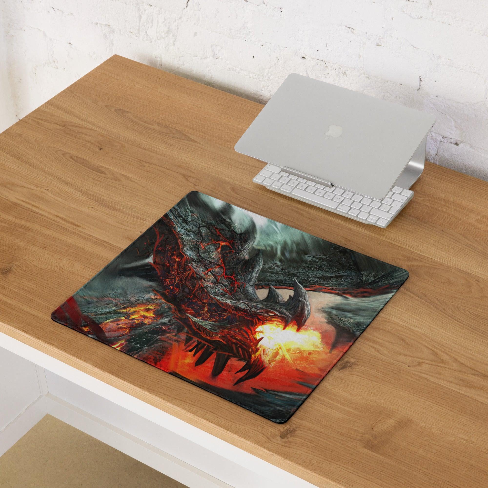 Volcanic Dragon Fury gaming mousepad with fiery red dragon breathing flames