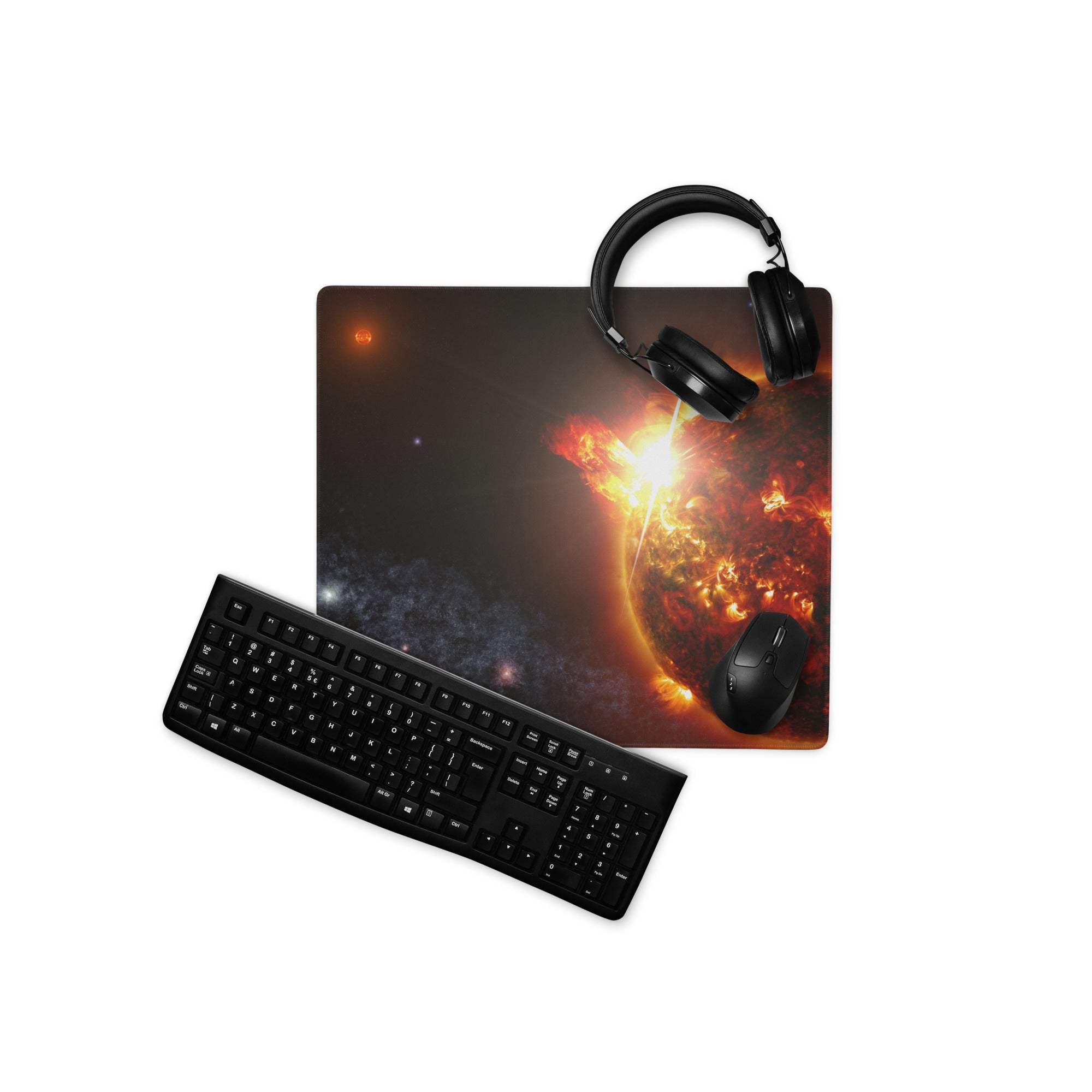 Cosmic Solar Flare gaming mouse pad with fiery orange cosmic explosion design