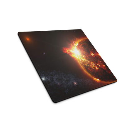 Cosmic solar flare gaming mouse pad with fiery orange flares on starry background