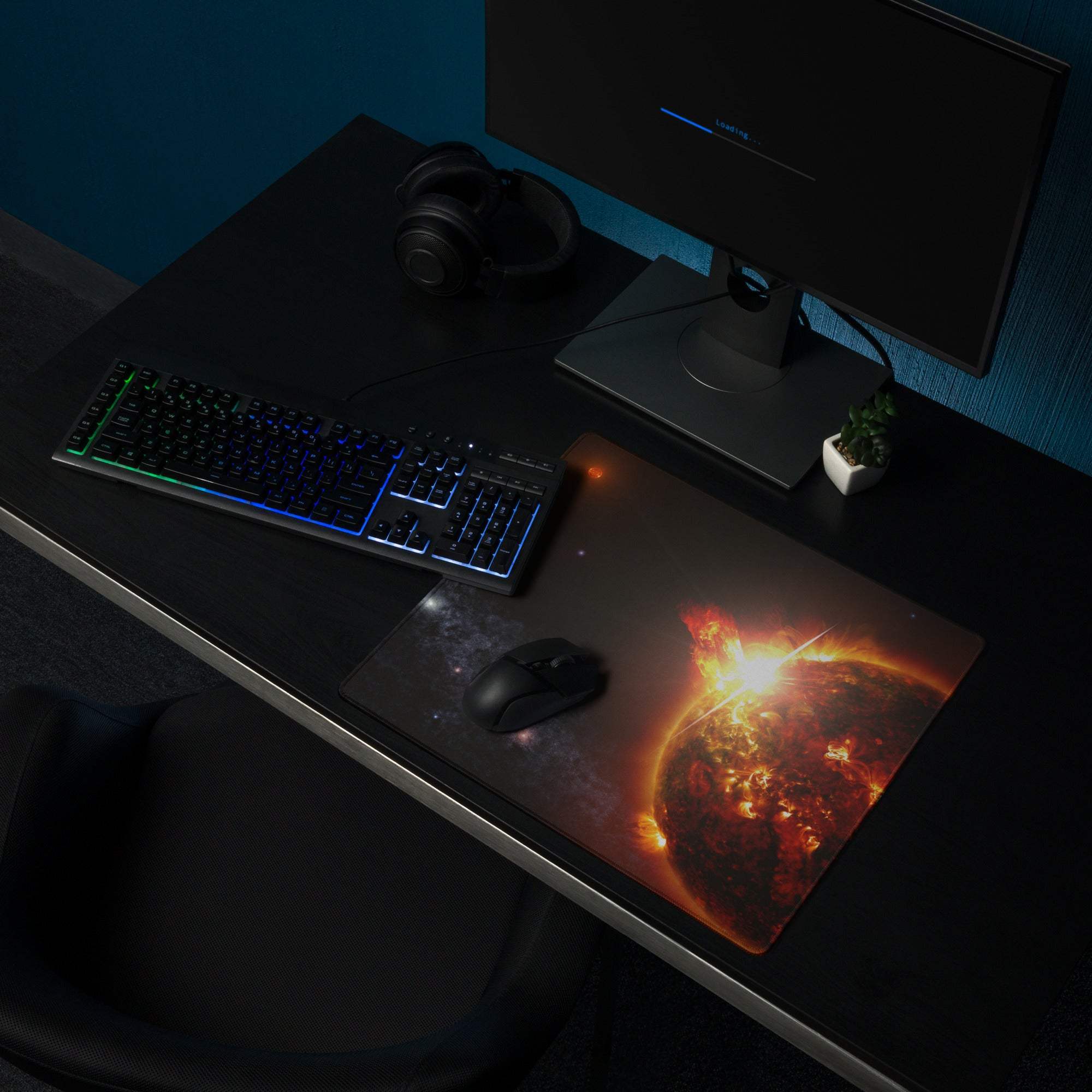 Cosmic Solar Flare gaming mouse pad with exploding planet scene