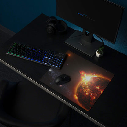 Cosmic Solar Flare gaming mouse pad with exploding planet scene