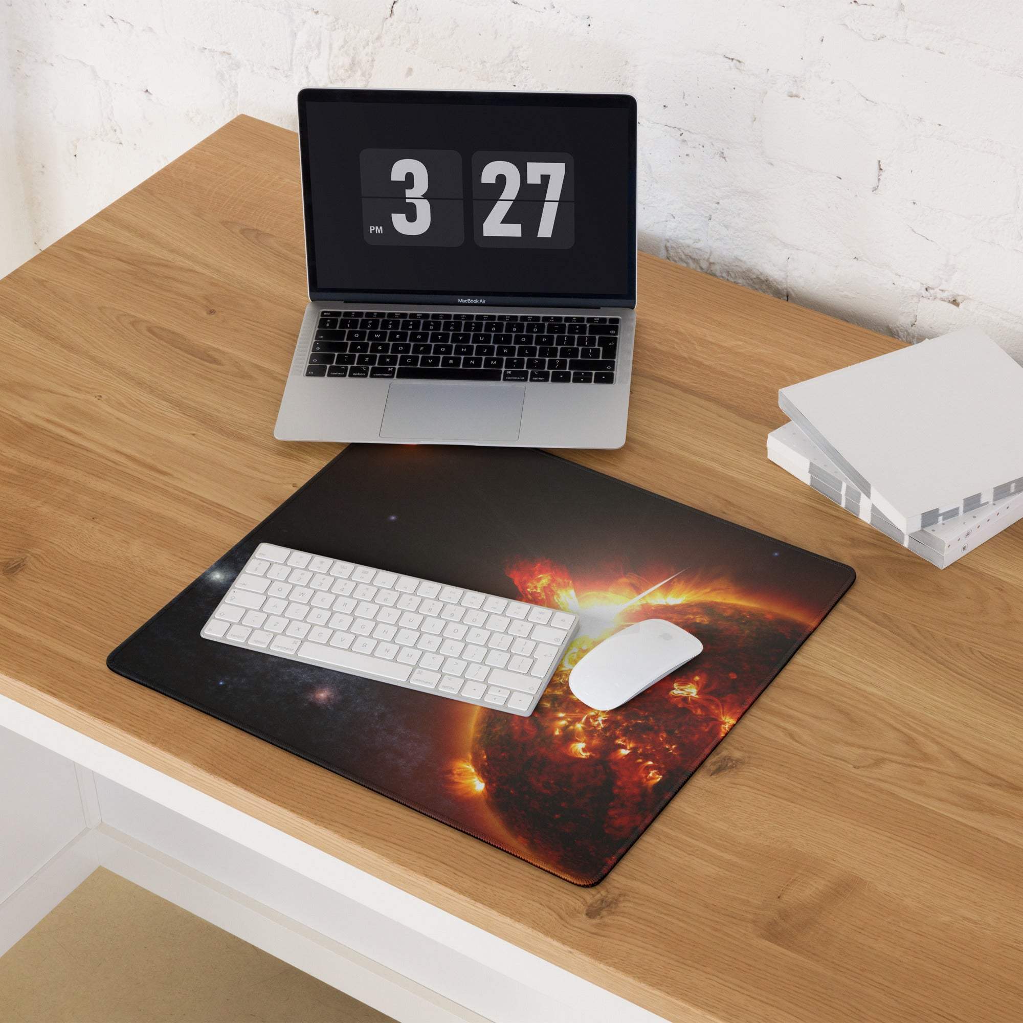 Black cosmic solar flare mouse pad with vibrant orange red explosion, non-slip base
