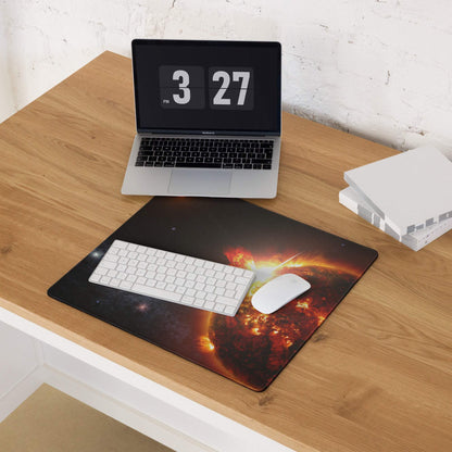 Black cosmic solar flare mouse pad with vibrant orange red explosion, non-slip base
