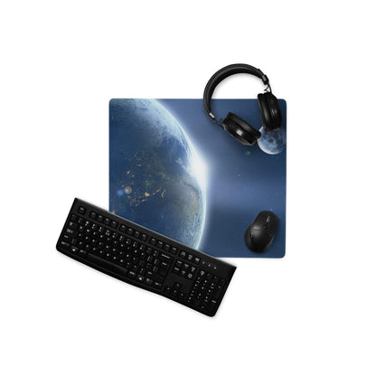 Blue cosmic space gaming mousepad with Earth orbit view and city lights
