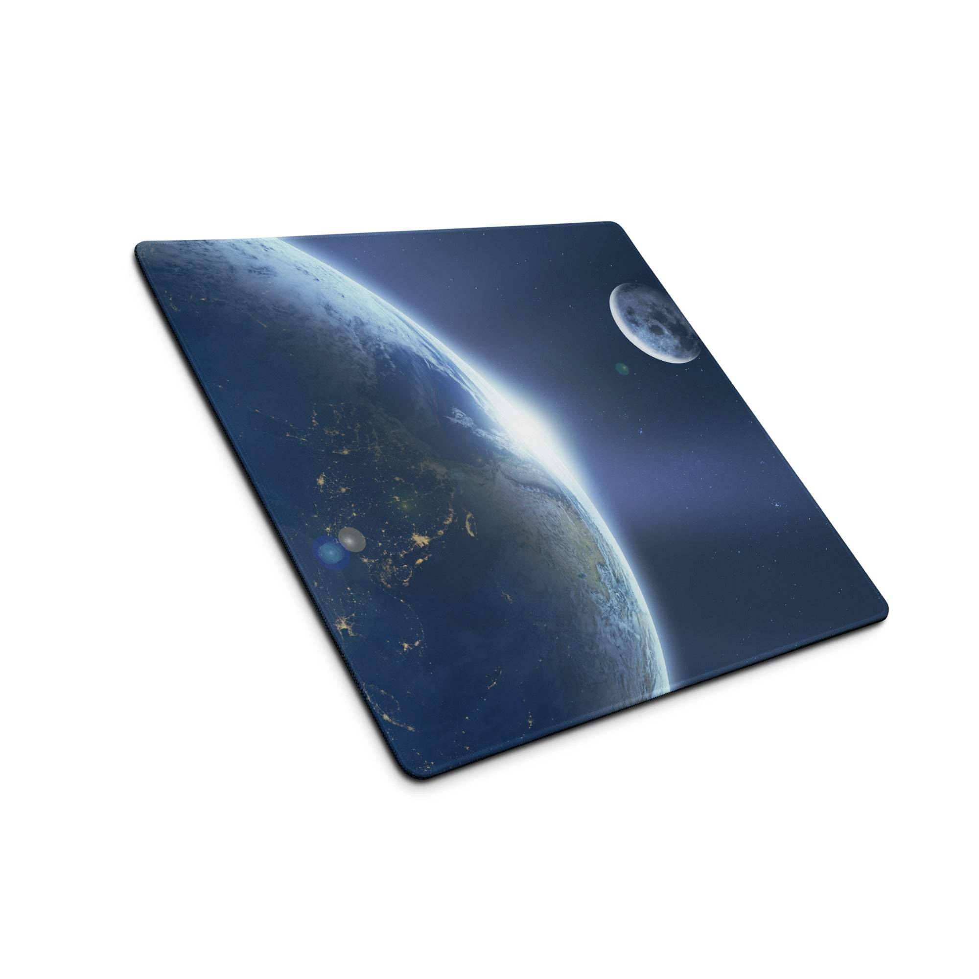 Cosmic deep blue space gaming mouse pad with Earth horizon and moon