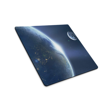 Cosmic deep blue space gaming mouse pad with Earth horizon and moon