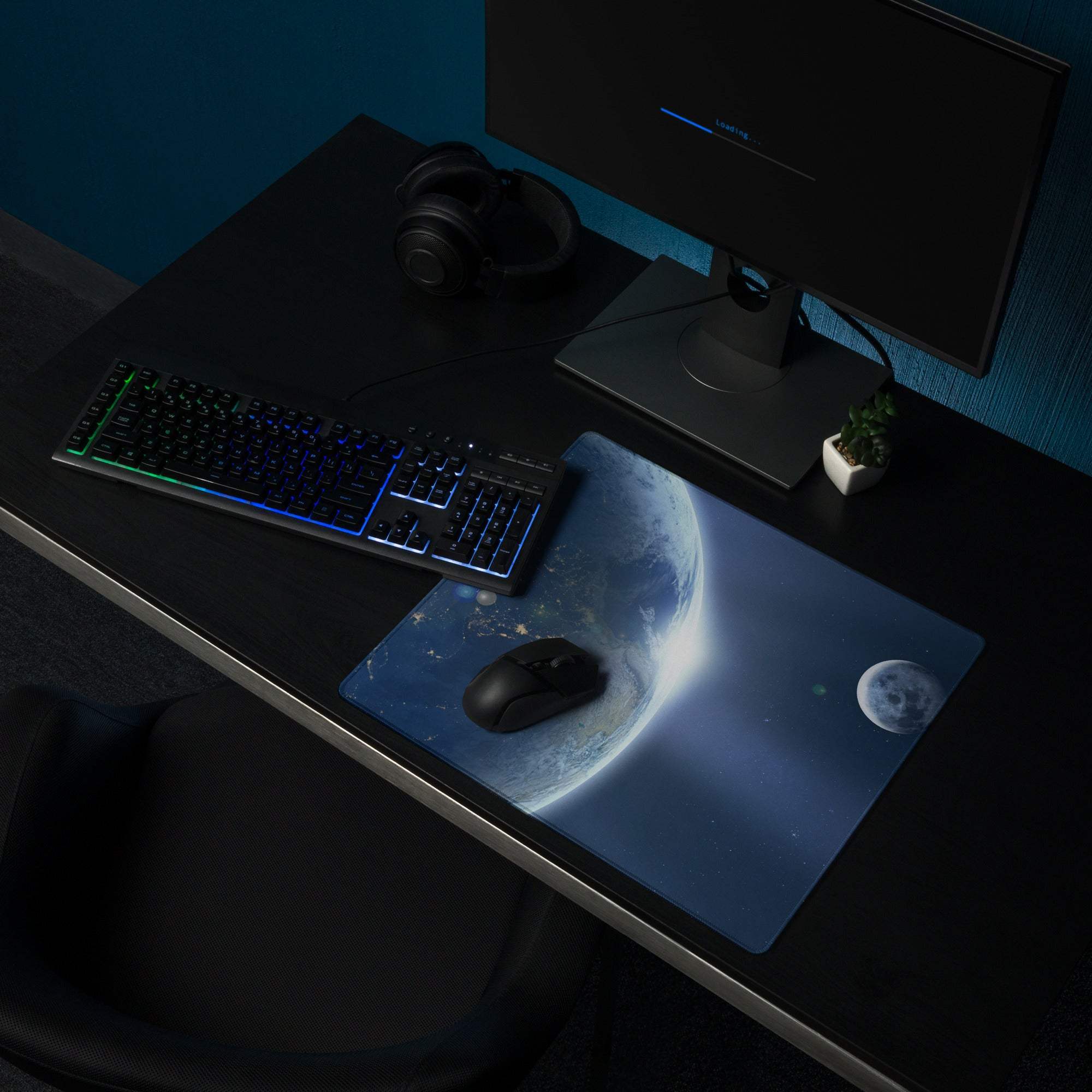 Cosmic space gaming mouse pad with Earth, moon, starry sky, non-slip base