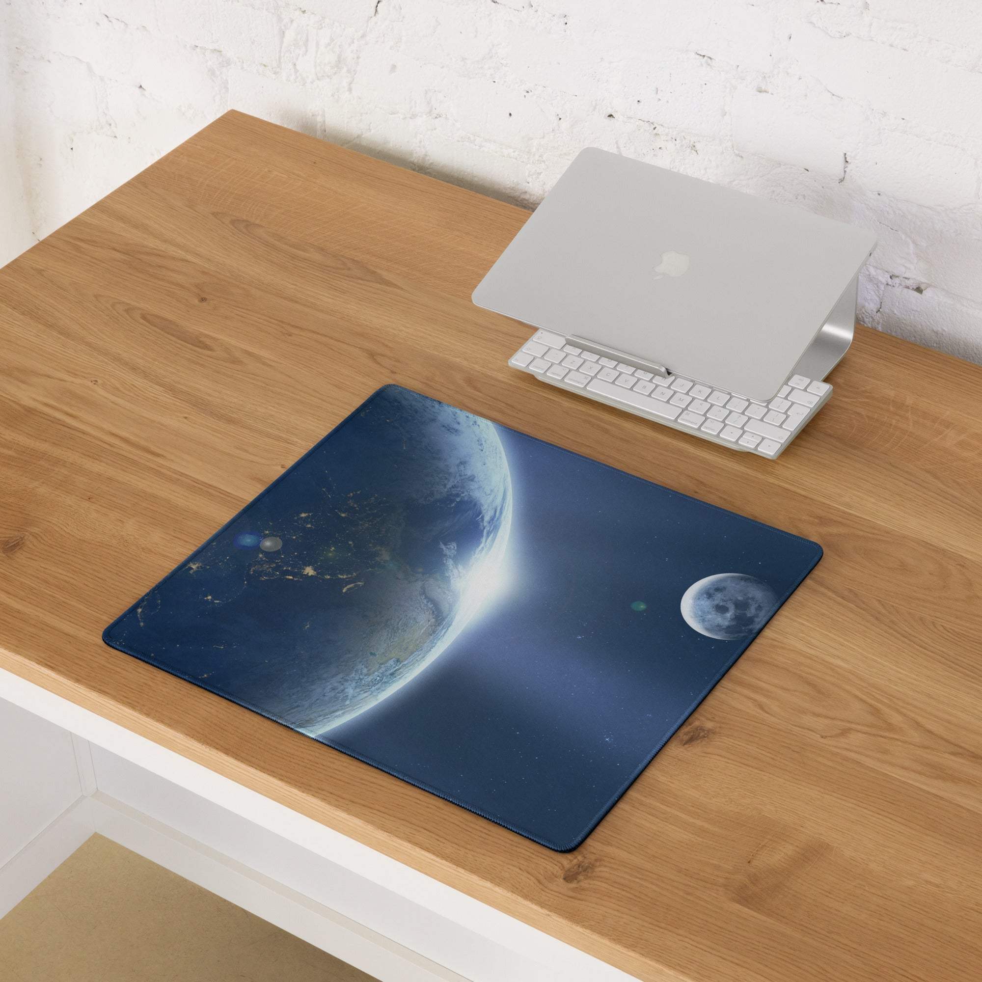 Cosmic deep blue space gaming mouse pad with Earth, moon, stars, non-slip base