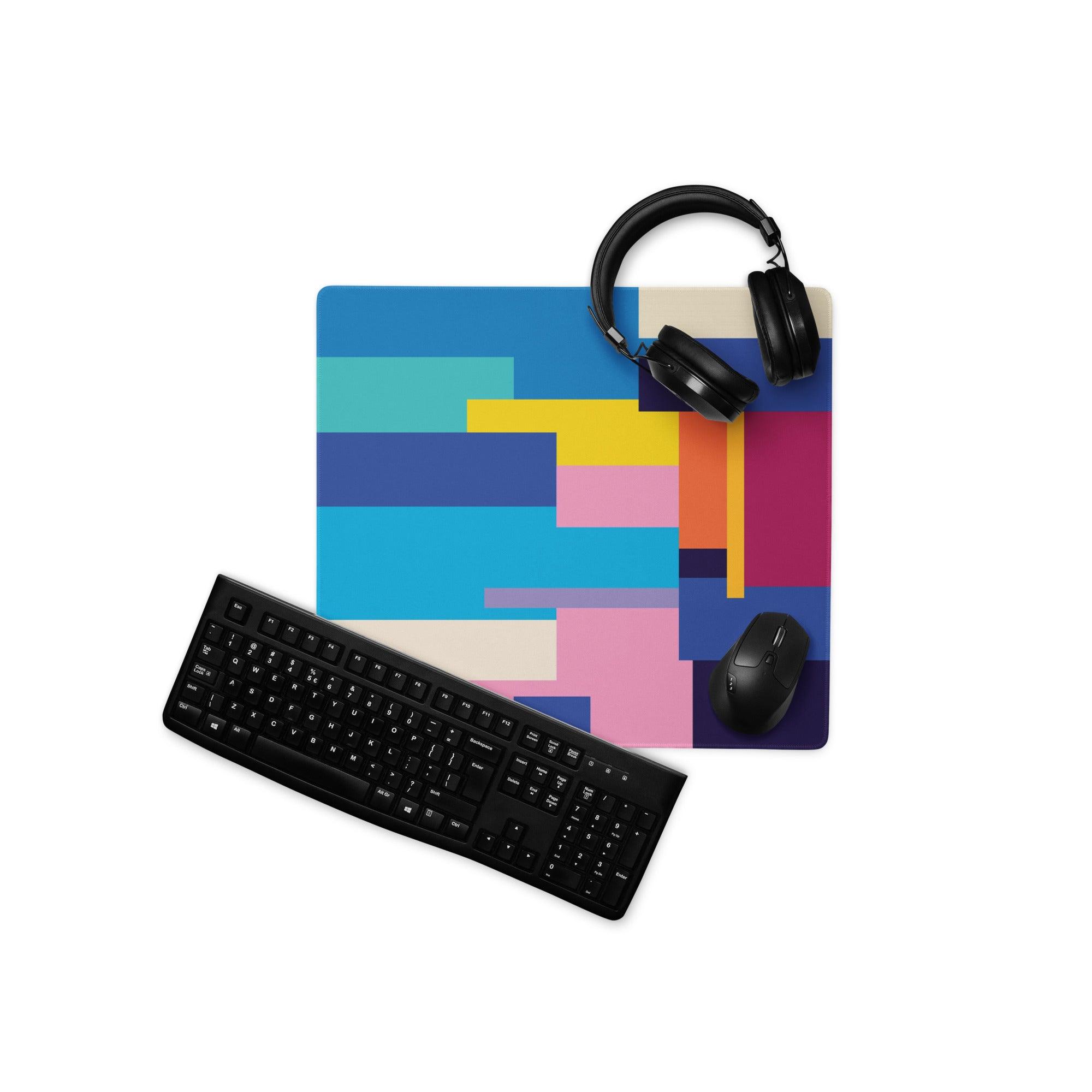 Abstract geometric gaming mouse pad with vibrant blue teal yellow pink magenta stripes