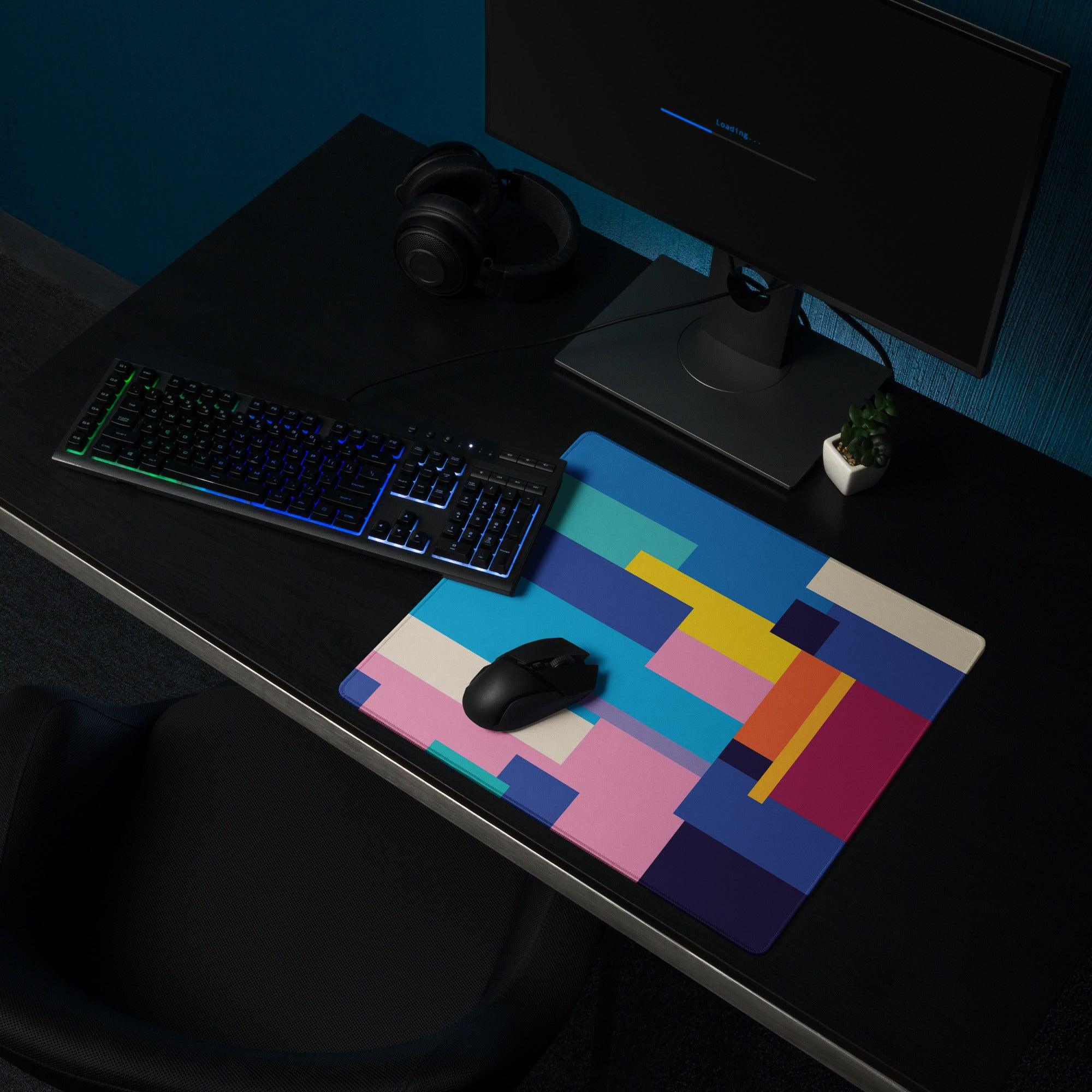 Abstract geometric gaming mouse pad with vibrant blue pink yellow purple blocks