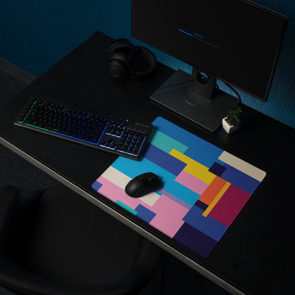 Abstract geometric gaming mouse pad with vibrant blue pink yellow purple blocks