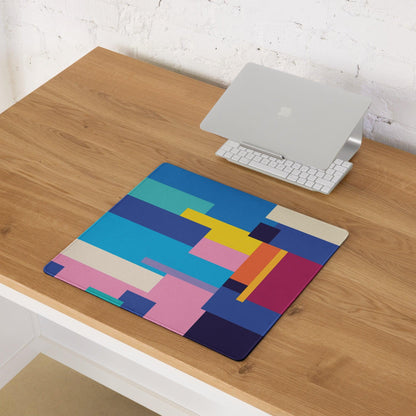 Abstract geometric gaming mouse pad with vibrant blue pink yellow purple blocks