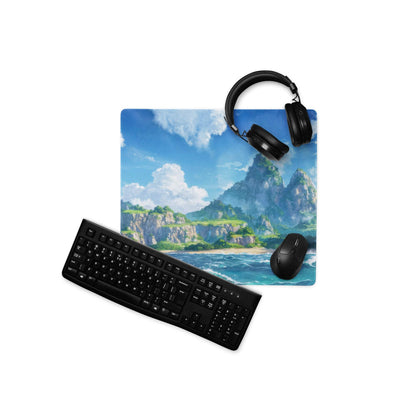 Blue and white ocean island landscape gaming mousepad with keyboard, mouse, headphones