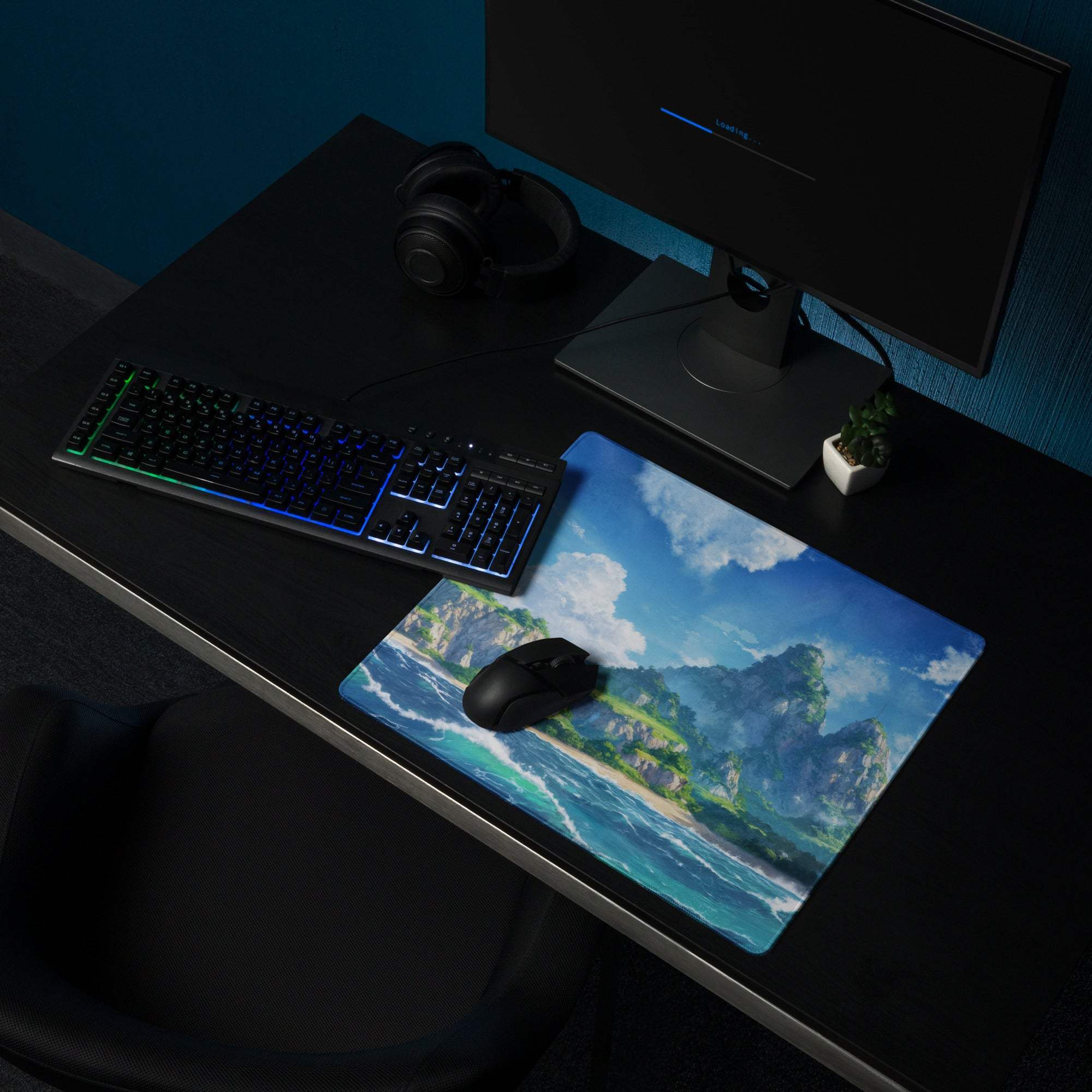 Blue green anime ocean island gaming mousepad with stitching
