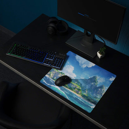Blue green anime ocean island gaming mousepad with stitching