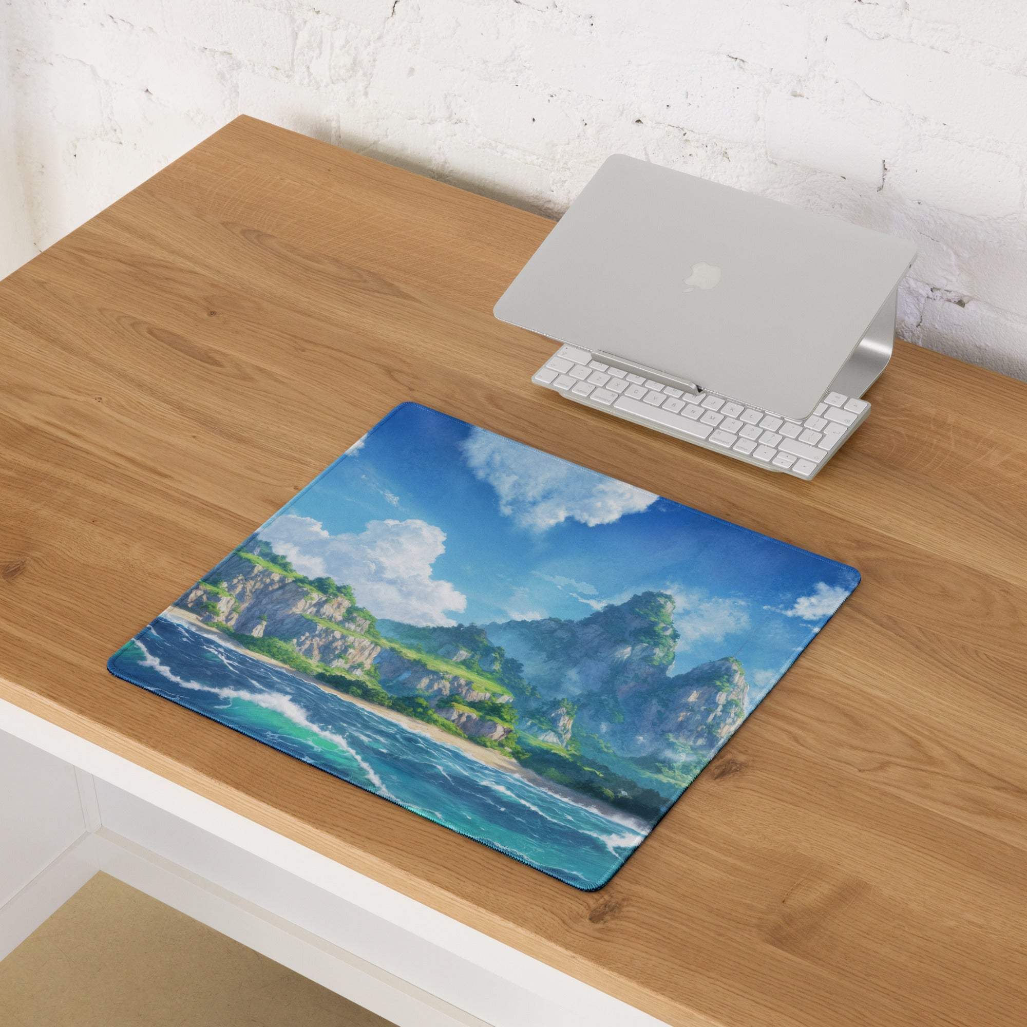 Vibrant anime ocean island landscape gaming mouse pad with edge stitching