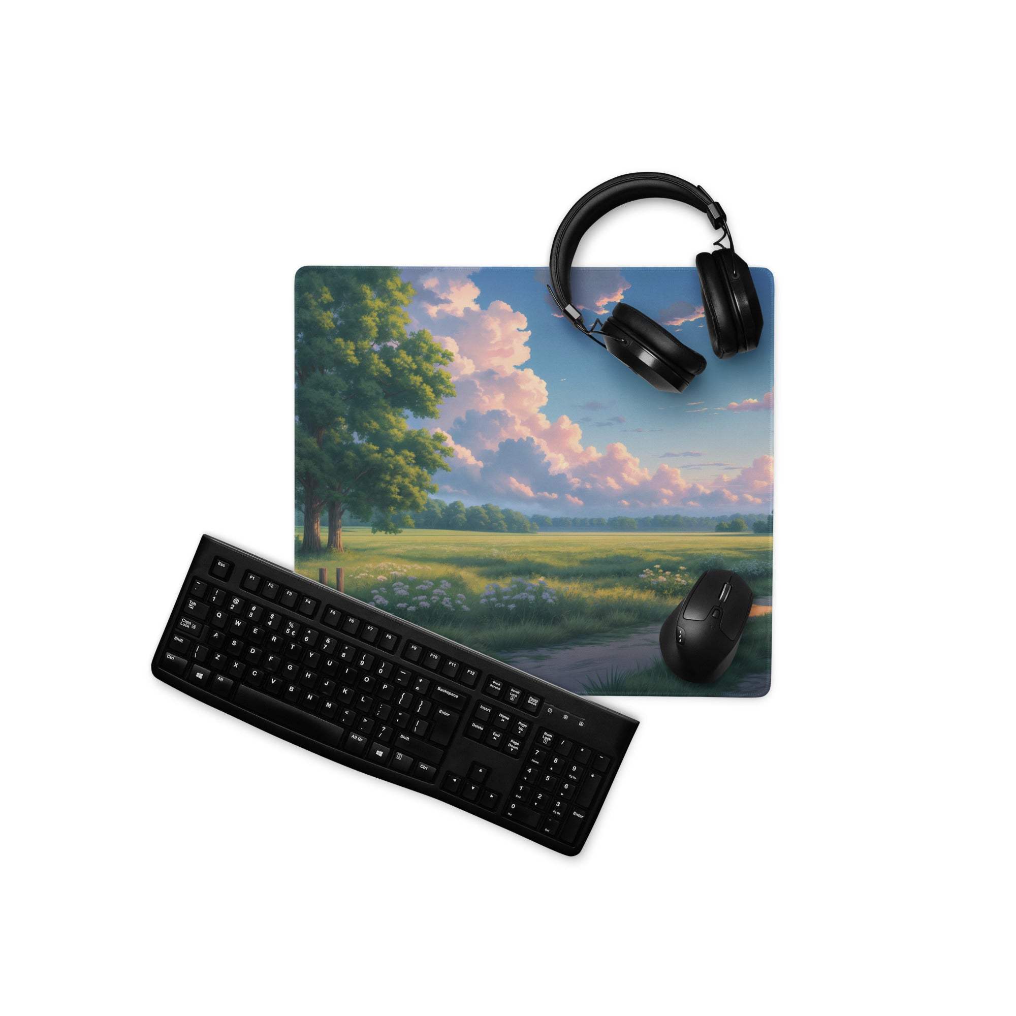 Large pastel sky landscape gaming mouse pad with black keyboard and mouse