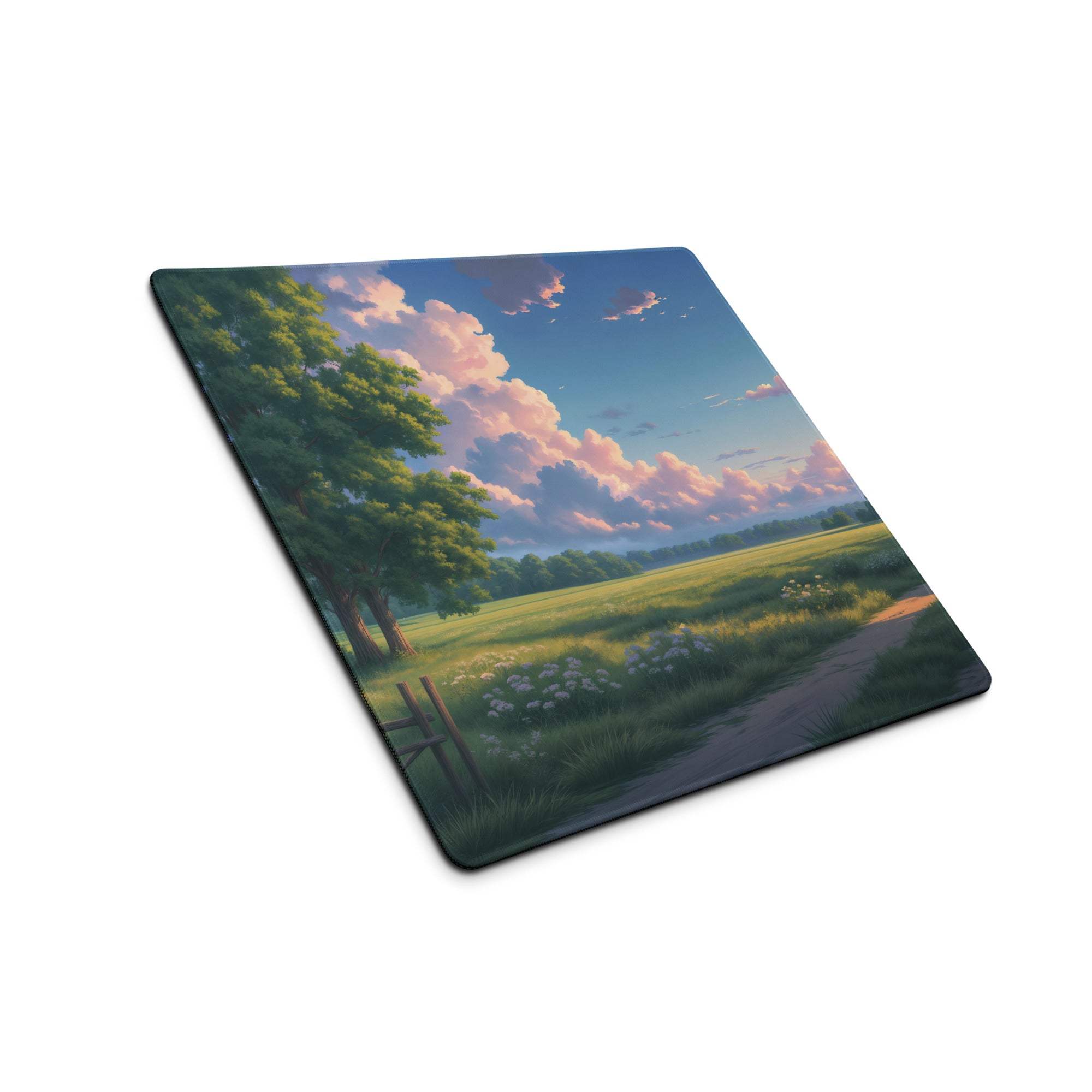Large pastel sky landscape gaming mouse pad with serene pastoral scene