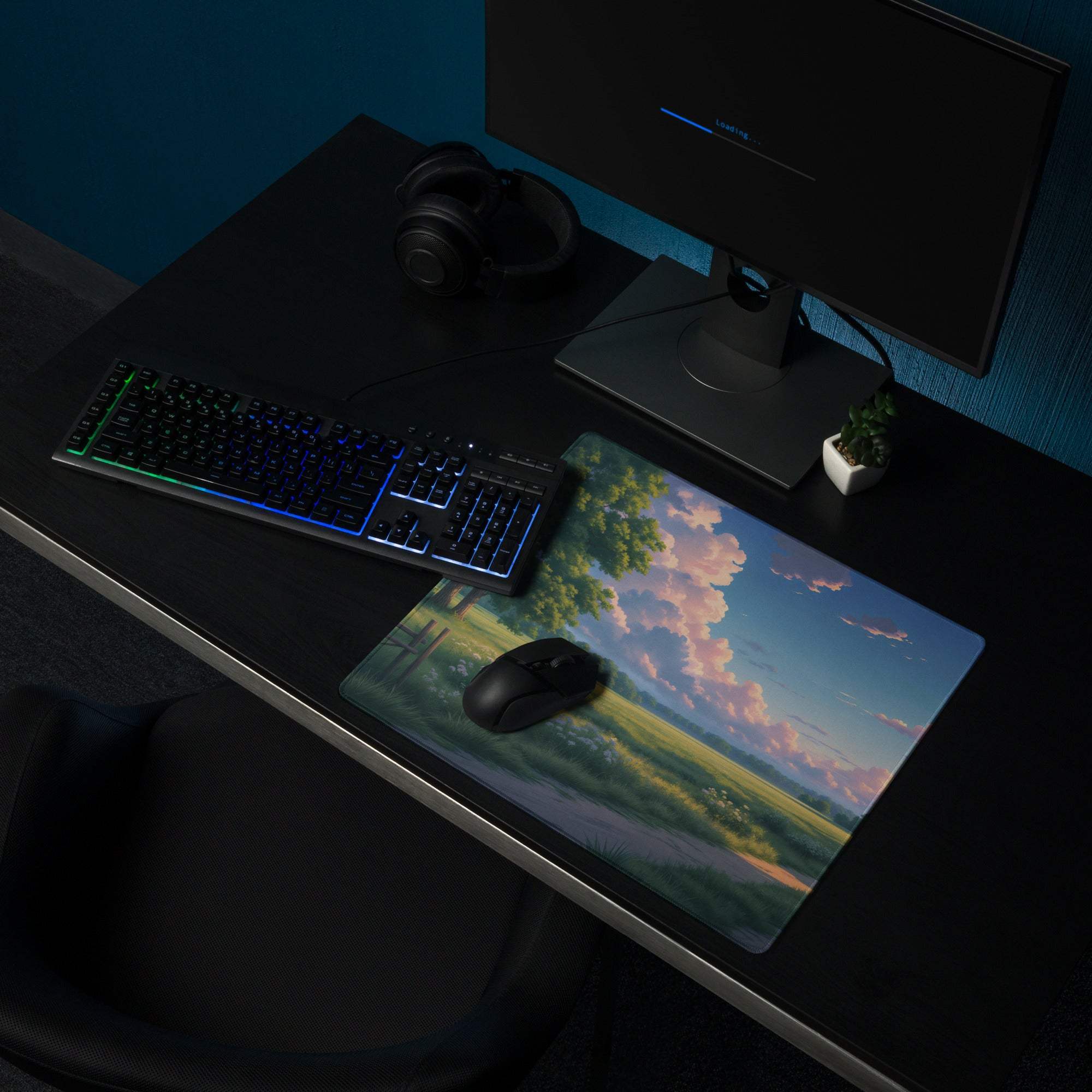 Large pastel sky landscape gaming mouse pad with serene twilight fields and clouds