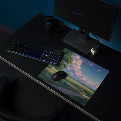 Large pastel sky landscape gaming mouse pad with serene twilight fields and clouds