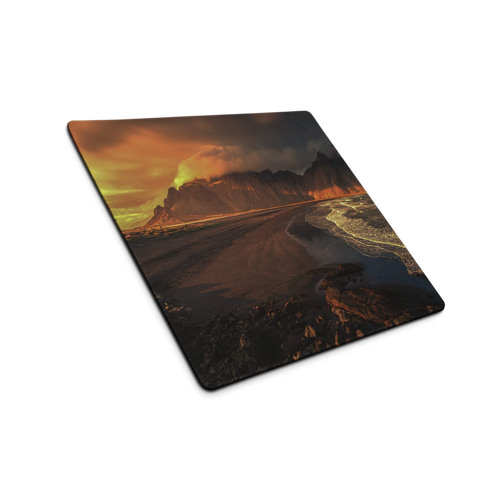 Square black gaming mousepad with epic mountain sunset landscape print