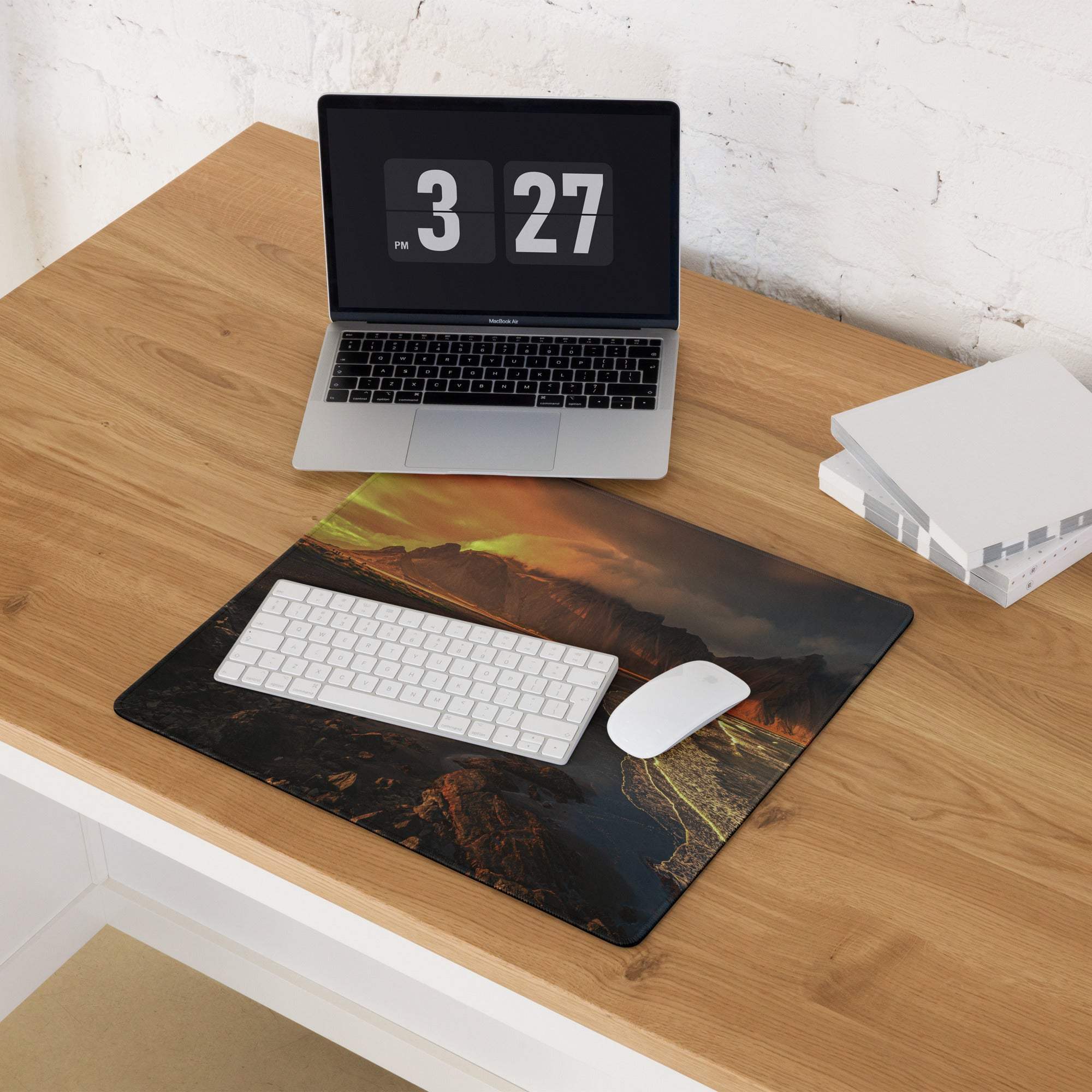 Epic mountain coastline sunset gaming mouse pad with non-slip base