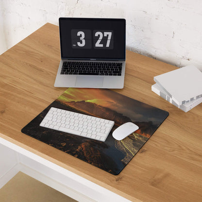 Epic mountain coastline sunset gaming mouse pad with non-slip base