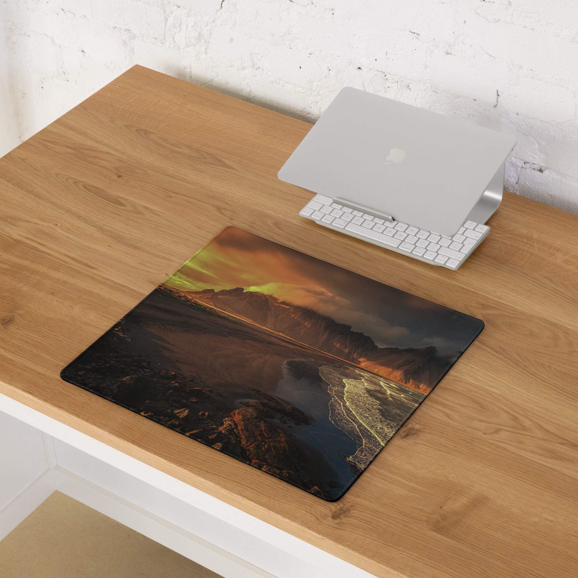 Epic Mountain Coastline Sunset gaming mouse pad with vivid landscape