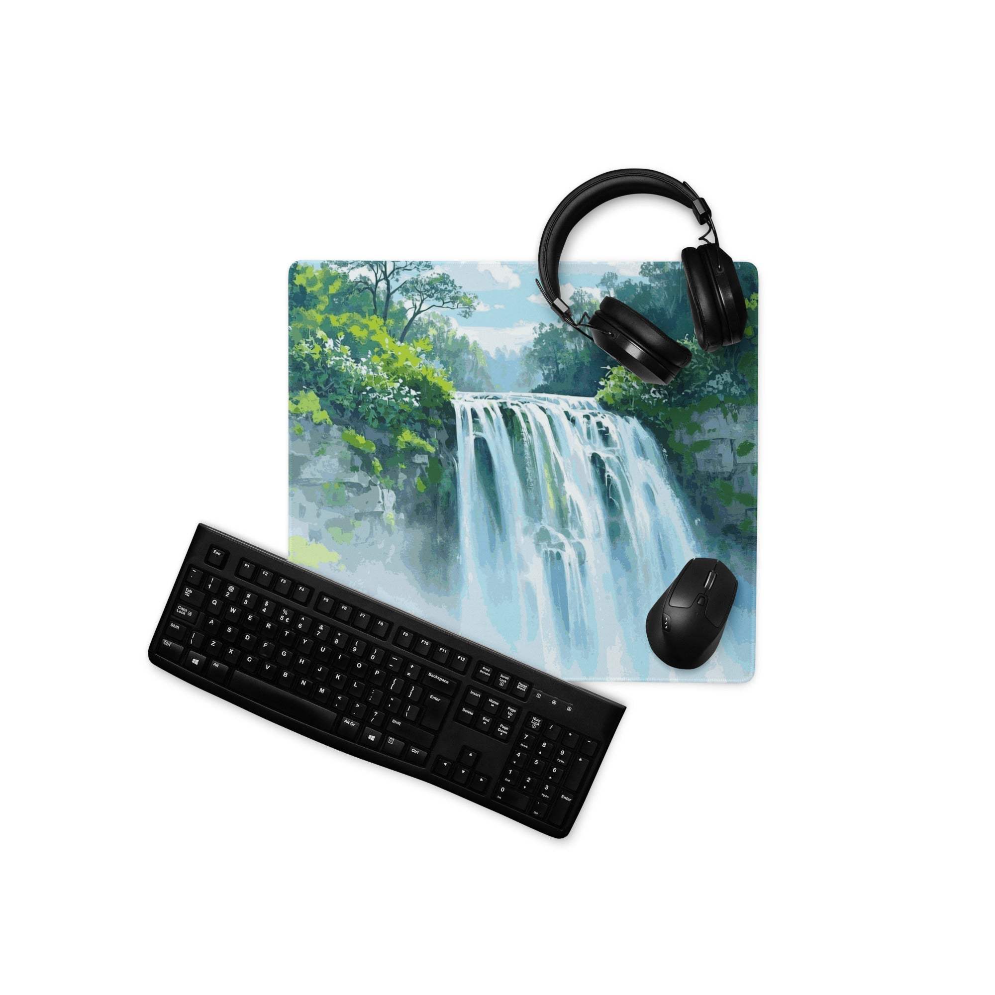Large tranquil waterfall gaming mouse pad with non-slip base and stitched edges