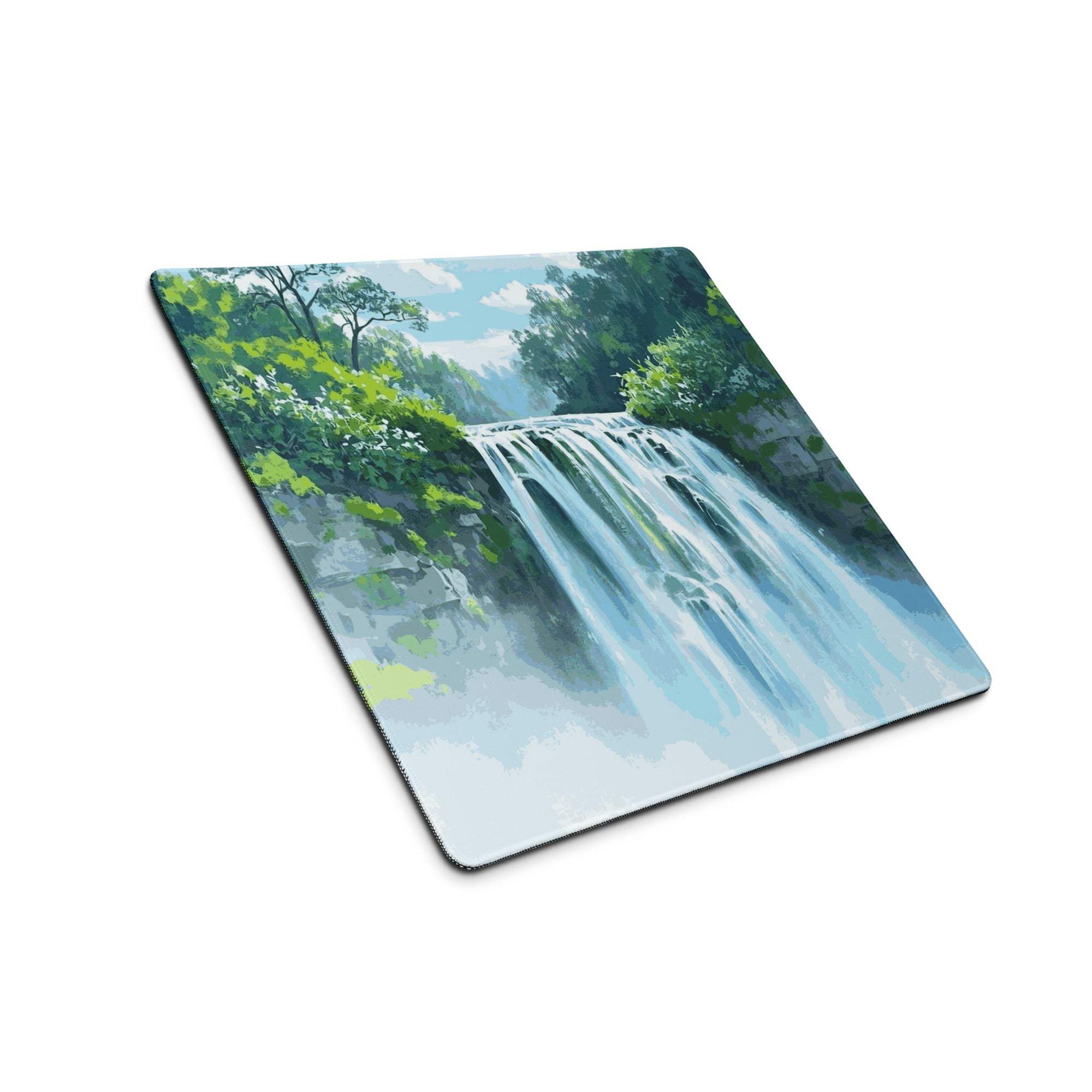 Large tranquil waterfall gaming mouse pad with non-slip base and stitched edges
