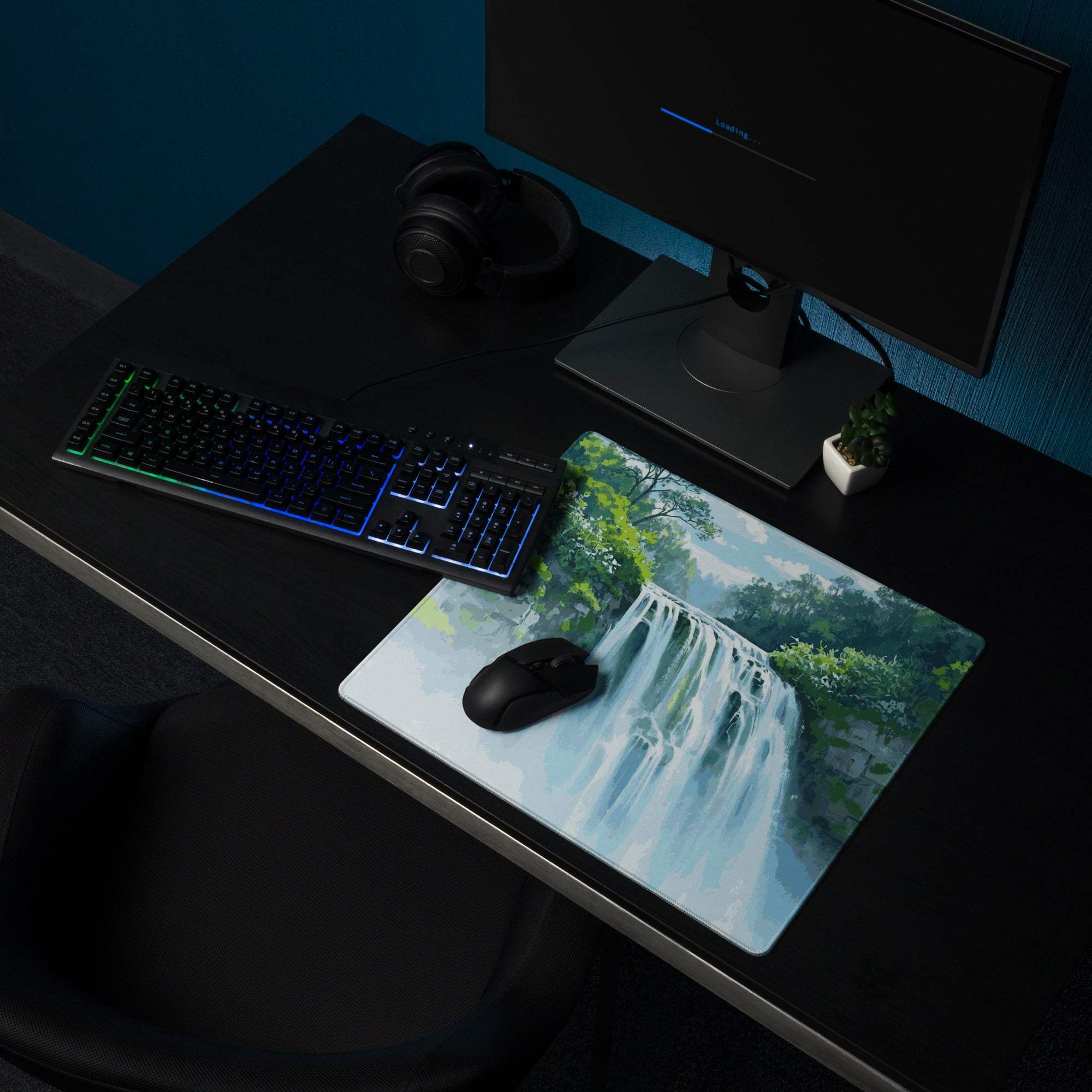 Tranquil waterfall gaming mouse pad with lush greenery, non-slip base