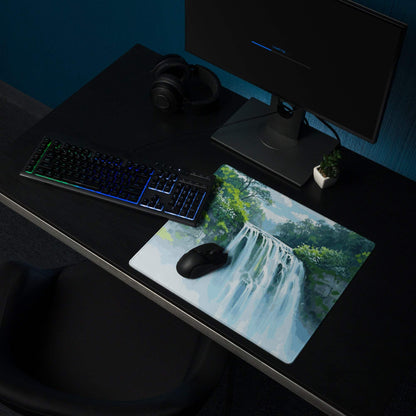 Tranquil waterfall gaming mouse pad with lush greenery, non-slip base
