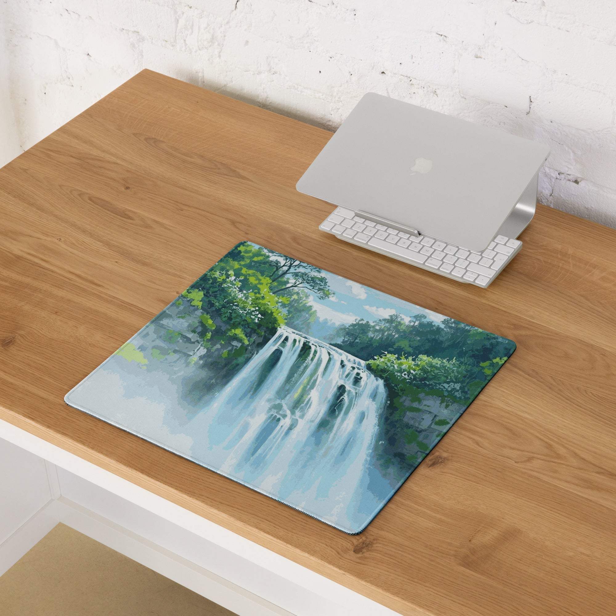 Tranquil waterfall gaming mouse pad with lush trees and misty blues