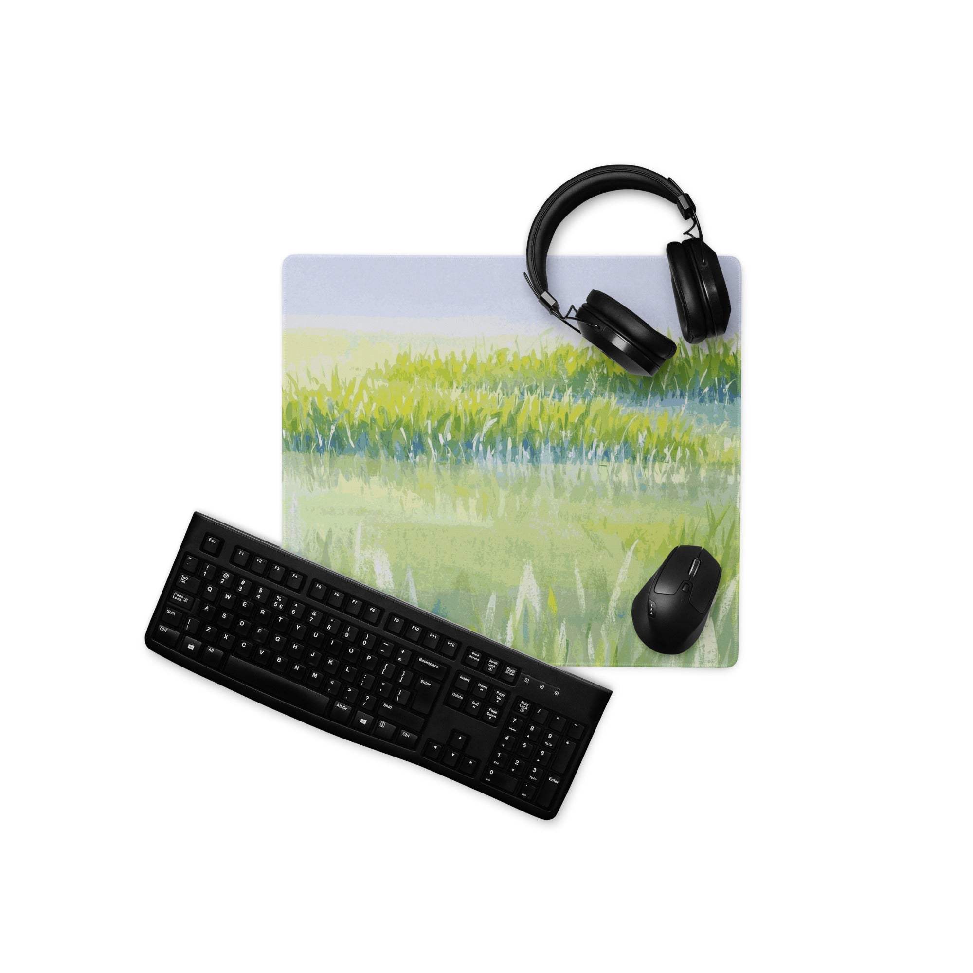 Nature inspired large green landscape gaming mouse pad with headphones