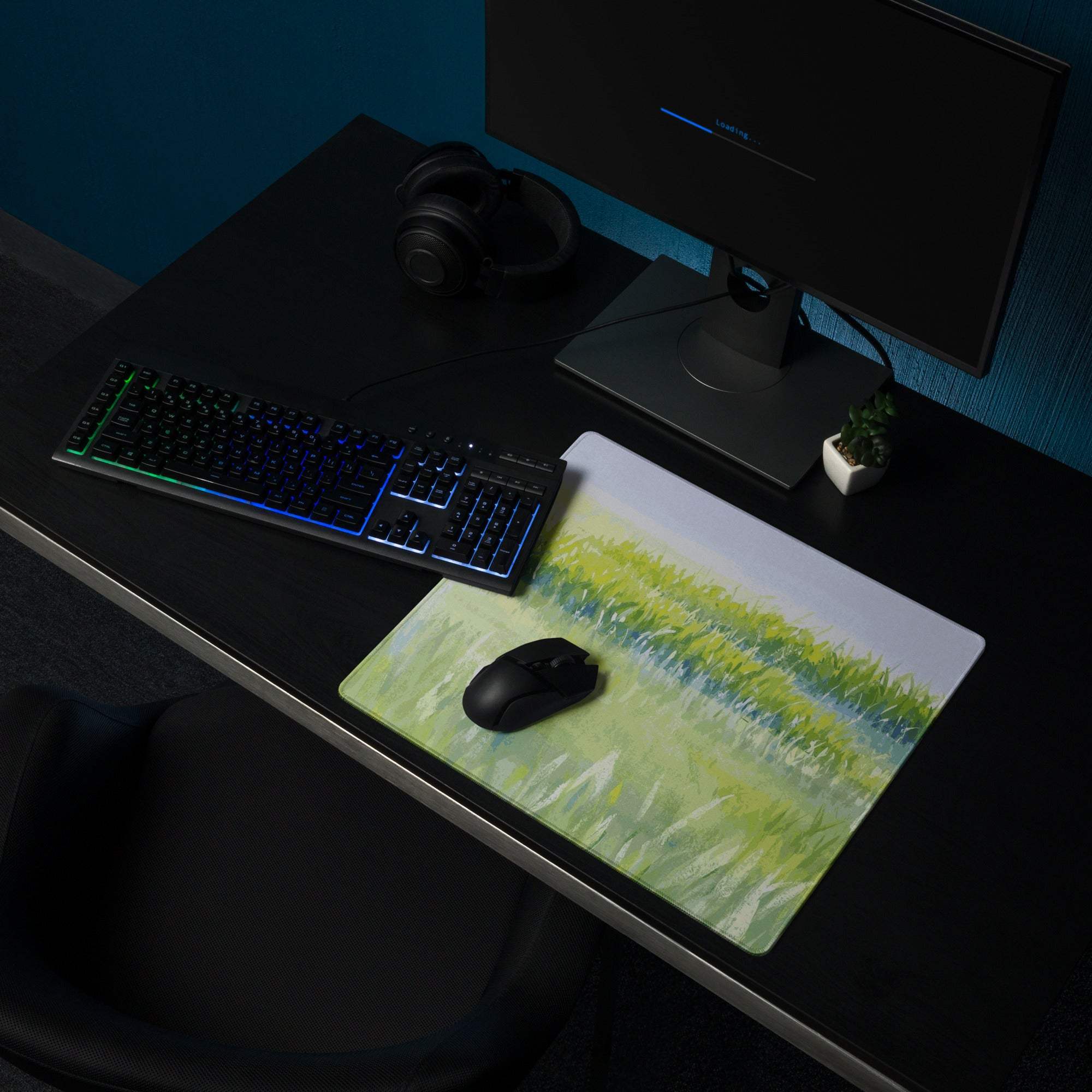 Nature-inspired large green landscape gaming mouse pad with grassy field design