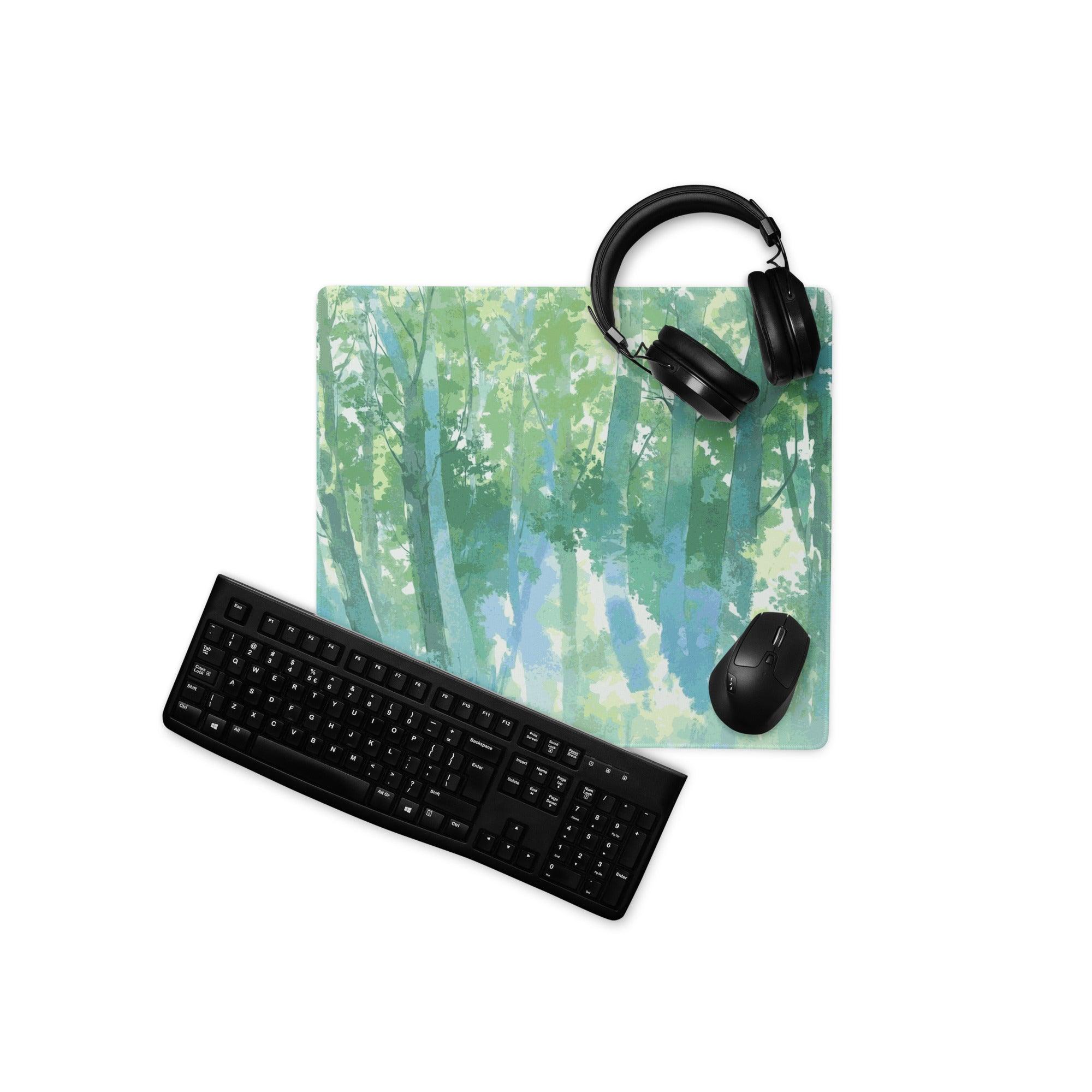 Watercolor forest green blue gaming mouse pad large non-slip surface