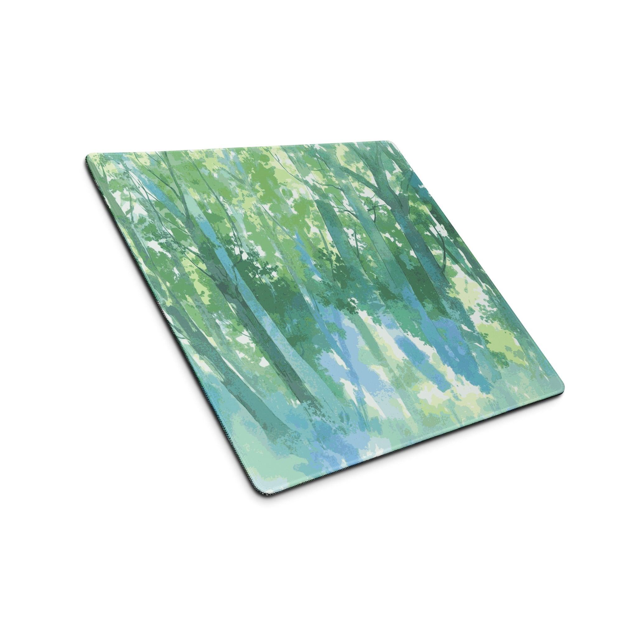 Watercolor forest mouse pad with green blue trees, large non-slip gaming surface