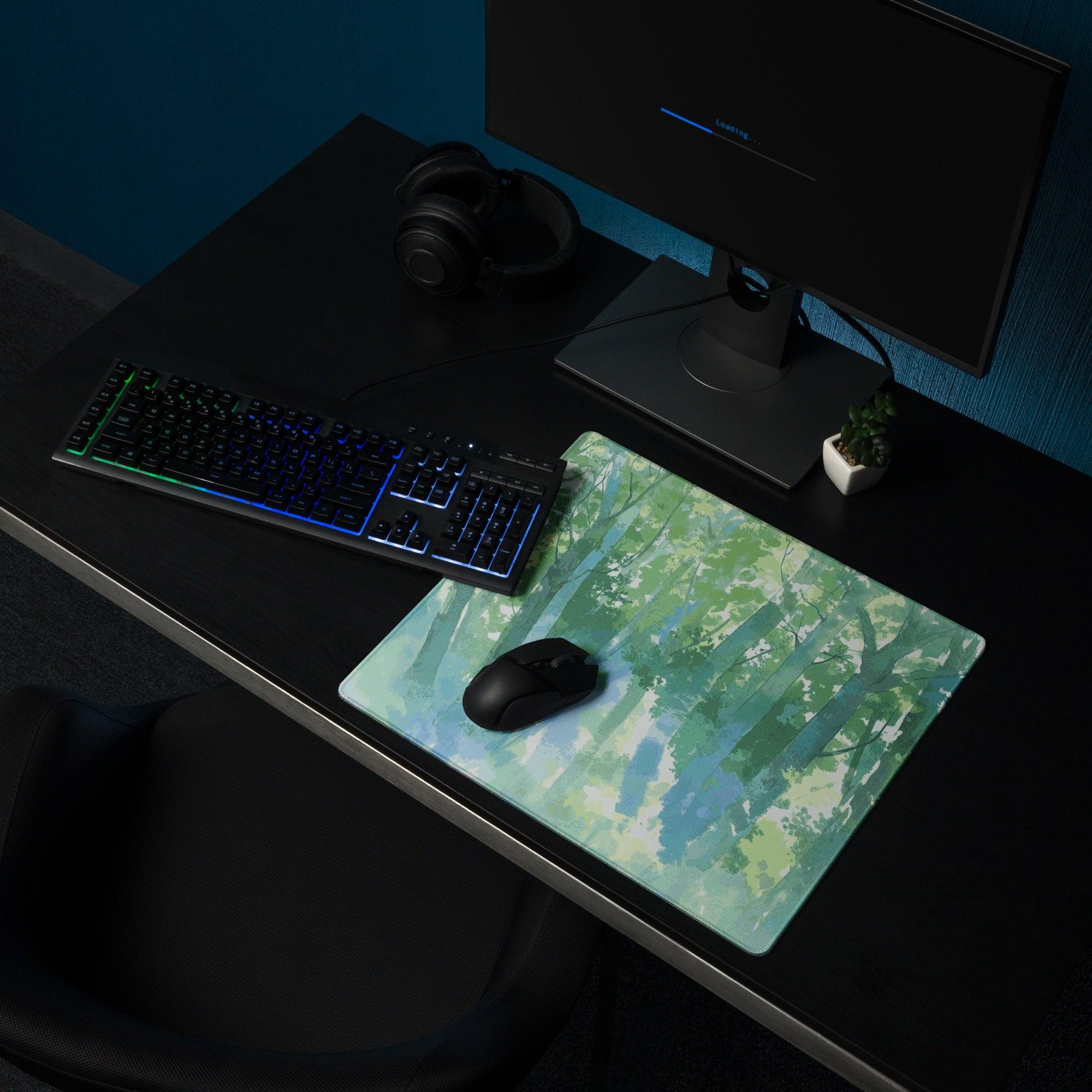Watercolor forest landscape green blue gaming mouse pad large non-slip