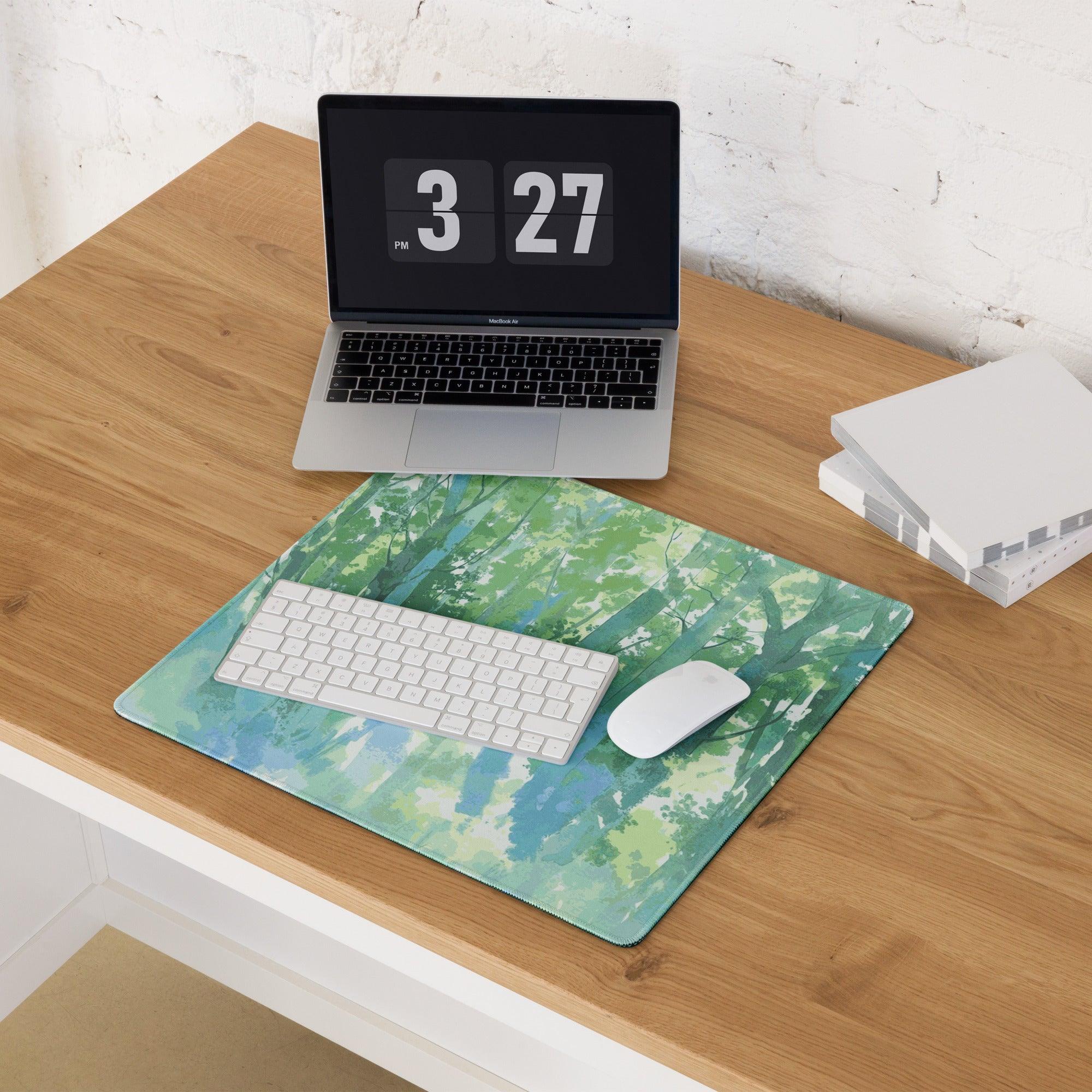 Green and blue watercolor forest gaming mouse pad large non-slip surface