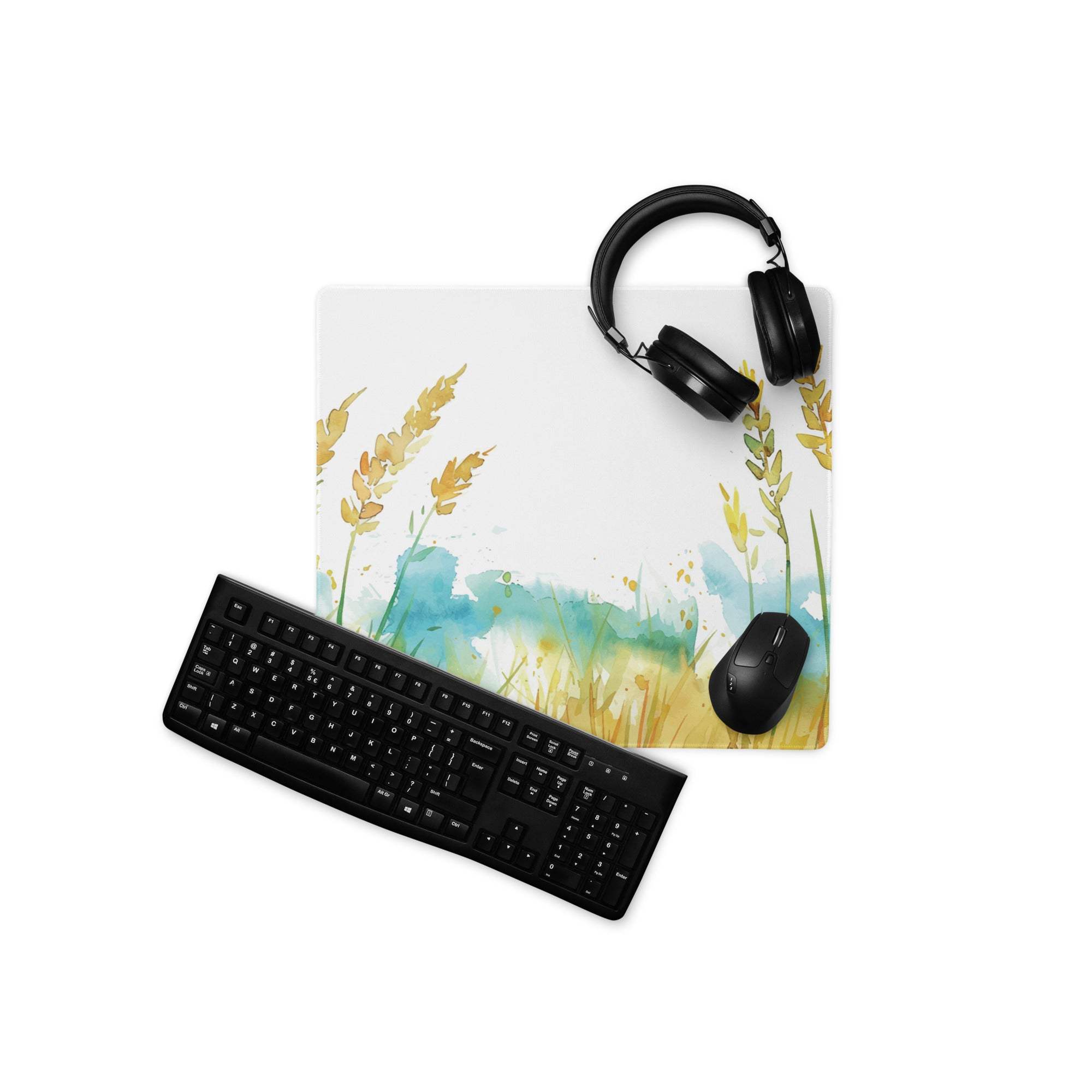 White watercolor wheat stalks and teal grass mouse pad, large non-slip gaming surface