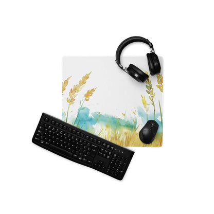 White watercolor wheat stalks and teal grass mouse pad, large non-slip gaming surface