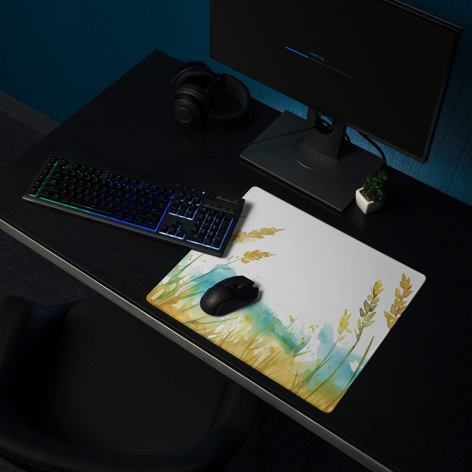 Large watercolor wheat gaming mouse pad with non-slip surface